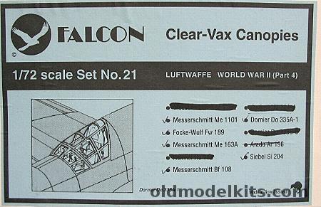 Falcon 1/72 Clear-Vax Upgrade Canopies Me-1101/FW-189/Me-163/Bf-108/Do-225 A-1/Siebel Si-204, 21 plastic model kit